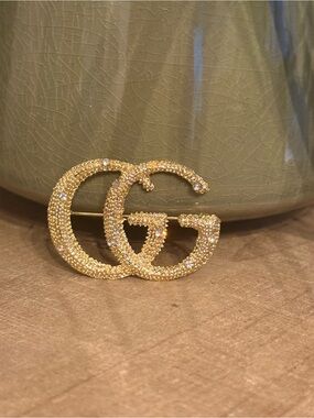 Gold Tone Double G Crystal Brooch